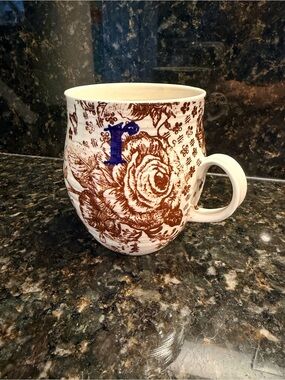 Anthropologie Homegrown Monogram R Cream Mug with Brown Floral and Blue Letter